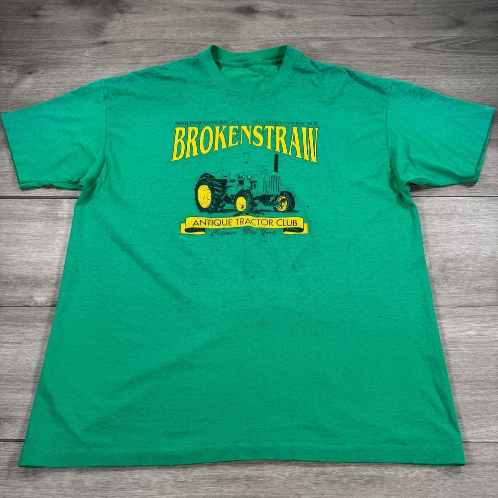 Vintage Broken Straw Tractor Club T-Shirt NY PA Faded Green Thin VTG Tee Deere